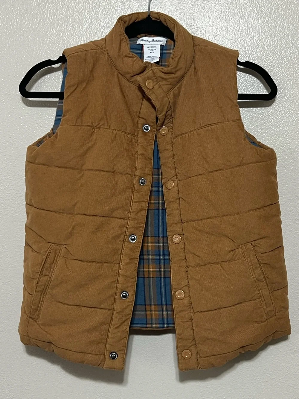 Tommy Bahama Vest Boys L 10/12 Brown Puffer Cotton Lined Plaid Winter Jacket